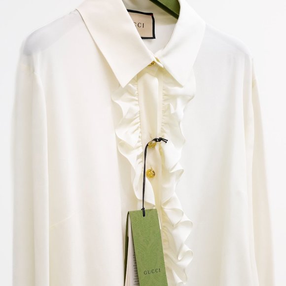 Gucci Spring 2022 Crêpe de Chine White Silk Ruffle Blouse - Picture 4 of 16